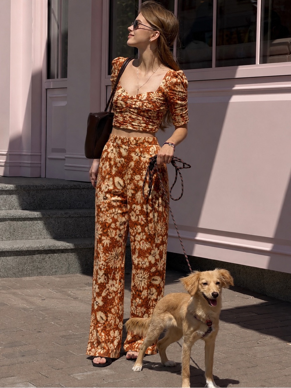 Zara Floral Ruched Crop Top & Wide Leg Pants Co-Ord Set XS/S Orange Boho Y2K - Picture 10 of 16
